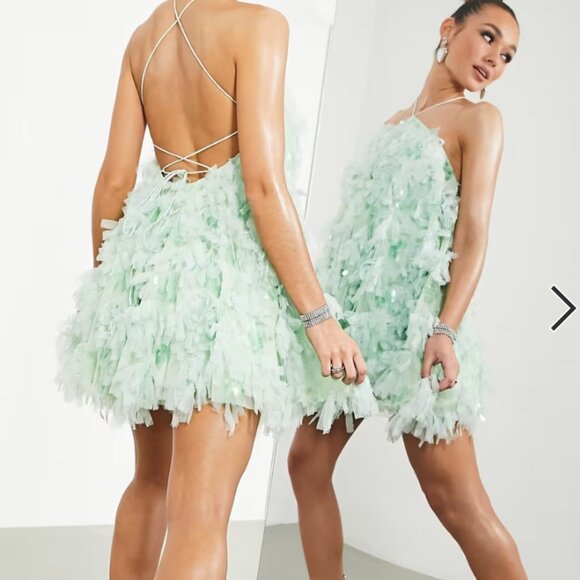 ASOS EDITION backless mini dress in textured mesh in soft green - Picture 2 of 4